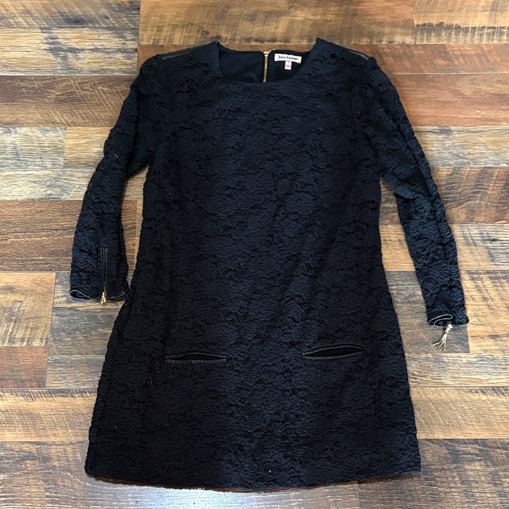 Juicy Couture black lace‎ mini dress featuring leather trim